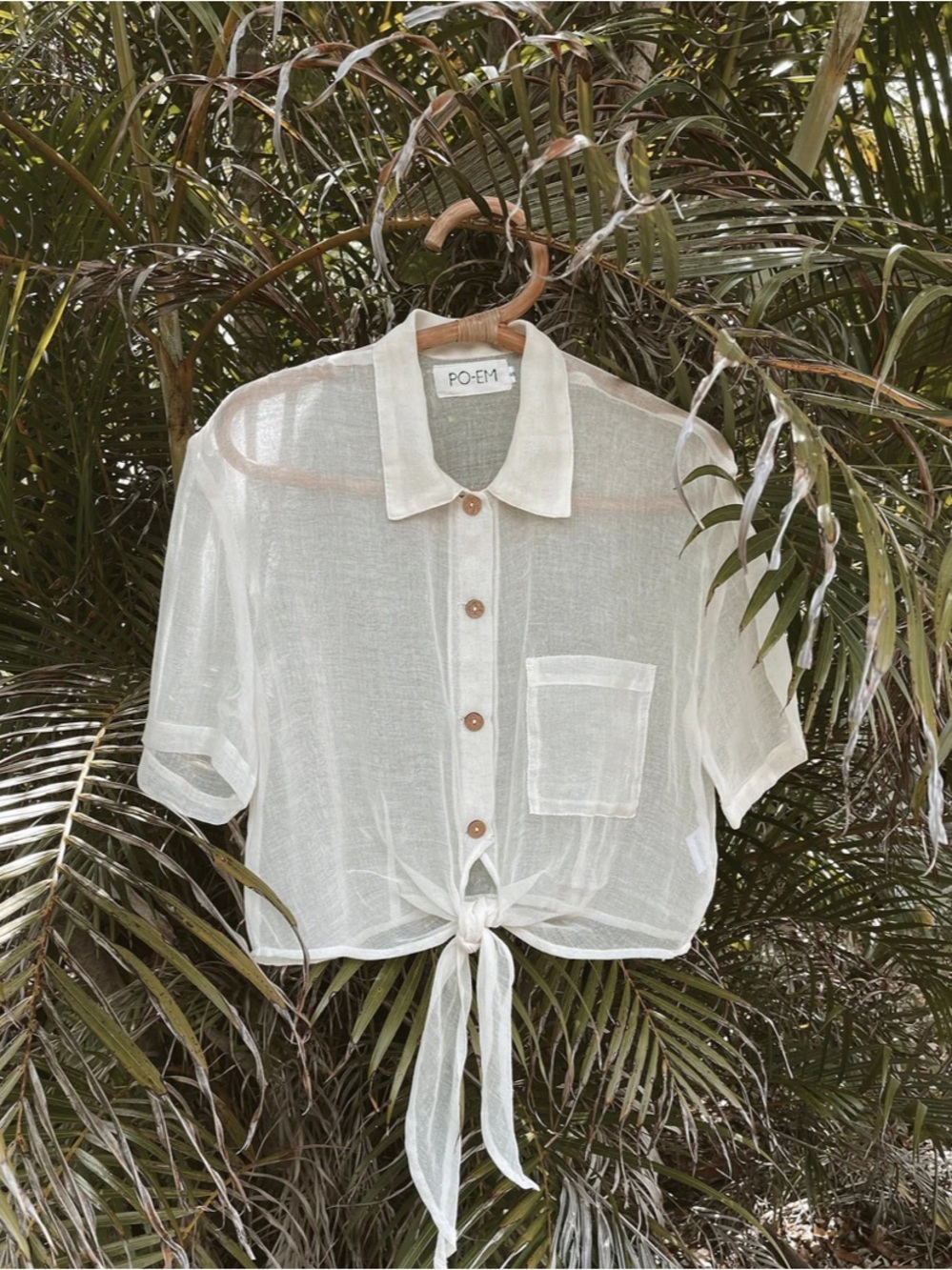 PO'EM Sheer Tie-Front Button Shirt - Ivory
